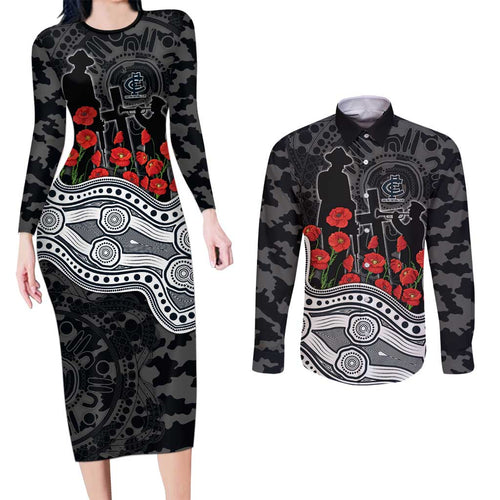 Carlton Blues ANZAC Day Couples Matching Long Sleeve Bodycon Dress and Long Sleeve Button Shirt Indigenous Dot Art with Poppy Flower Tribute