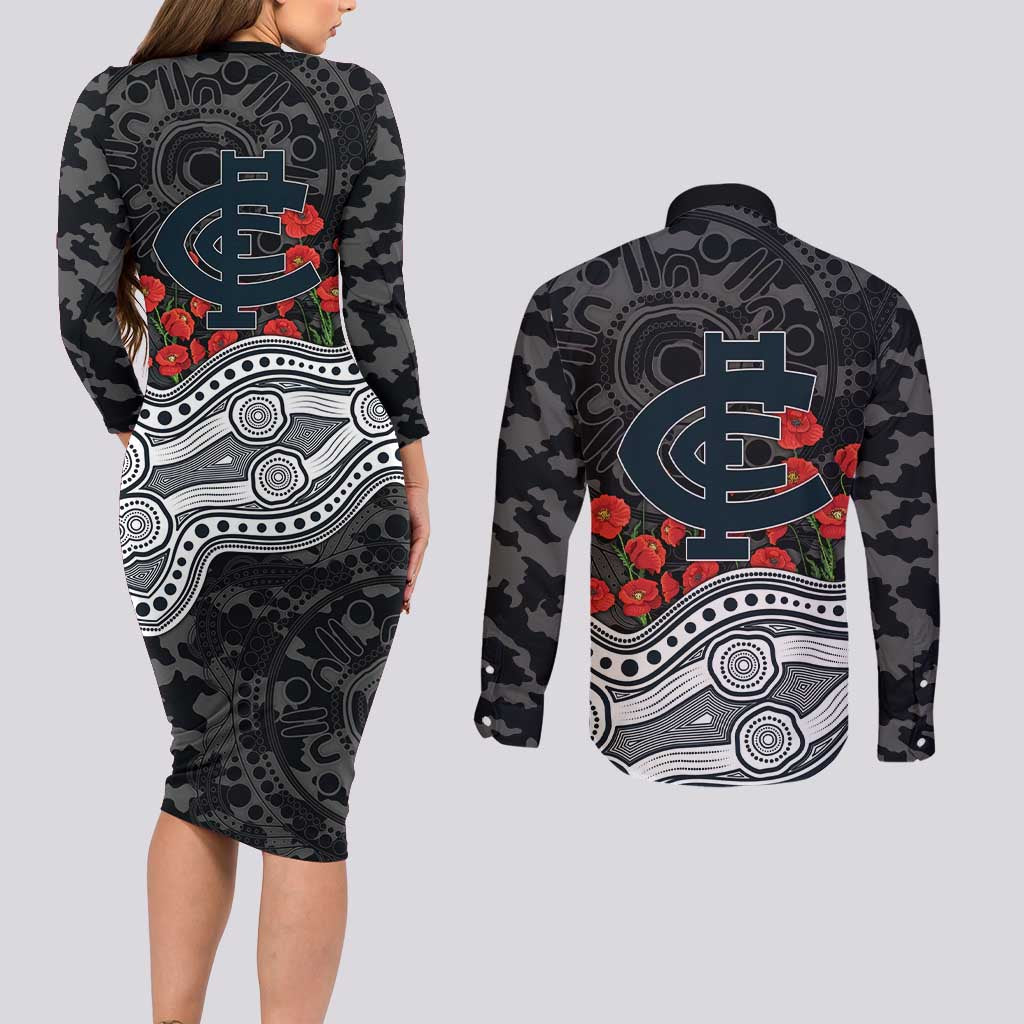 Carlton Blues ANZAC Day Couples Matching Long Sleeve Bodycon Dress and Long Sleeve Button Shirt Indigenous Dot Art with Poppy Flower Tribute