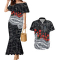 Carlton Blues ANZAC Day Couples Matching Mermaid Dress and Hawaiian Shirt Indigenous Dot Art with Poppy Flower Tribute