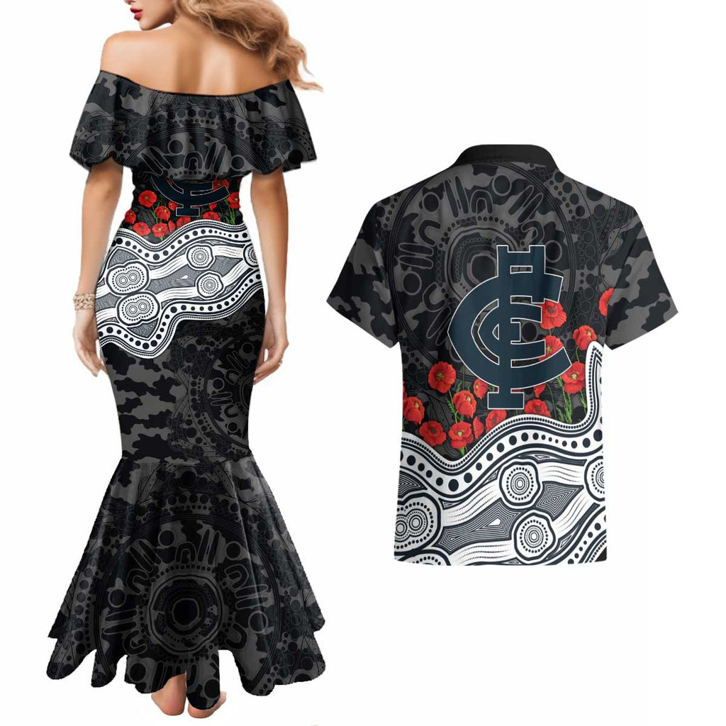 Carlton Blues ANZAC Day Couples Matching Mermaid Dress and Hawaiian Shirt Indigenous Dot Art with Poppy Flower Tribute