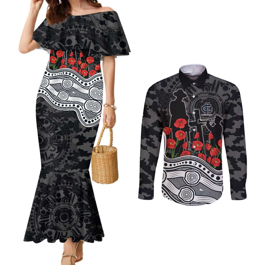 Carlton Blues ANZAC Day Couples Matching Mermaid Dress and Long Sleeve Button Shirt Indigenous Dot Art with Poppy Flower Tribute