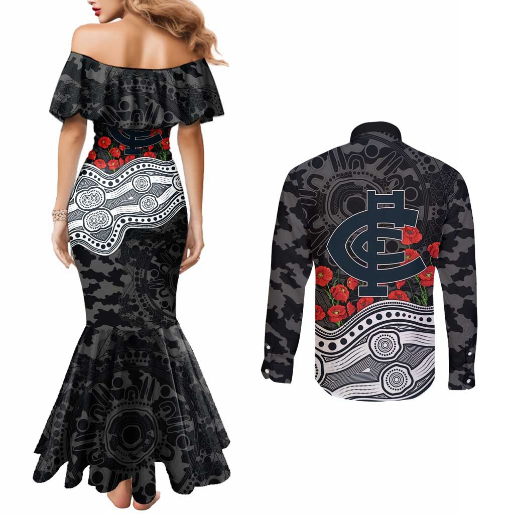 Carlton Blues ANZAC Day Couples Matching Mermaid Dress and Long Sleeve Button Shirt Indigenous Dot Art with Poppy Flower Tribute