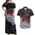 Carlton Blues ANZAC Day Couples Matching Off Shoulder Maxi Dress and Hawaiian Shirt Indigenous Dot Art with Poppy Flower Tribute