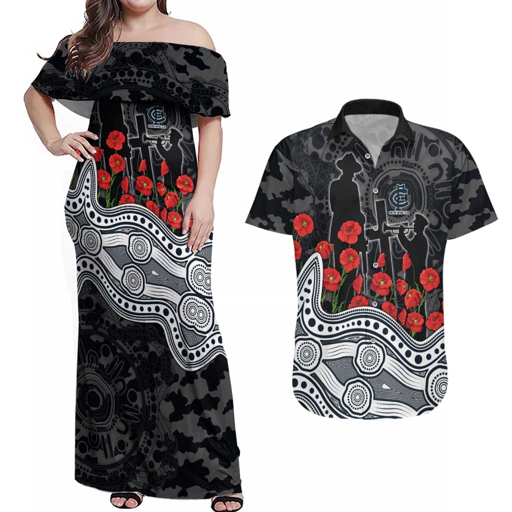 Carlton Blues ANZAC Day Couples Matching Off Shoulder Maxi Dress and Hawaiian Shirt Indigenous Dot Art with Poppy Flower Tribute