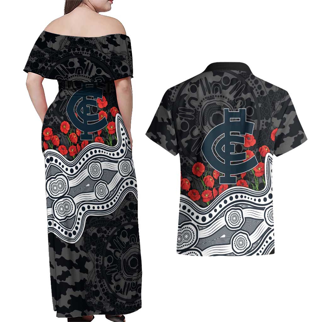 Carlton Blues ANZAC Day Couples Matching Off Shoulder Maxi Dress and Hawaiian Shirt Indigenous Dot Art with Poppy Flower Tribute