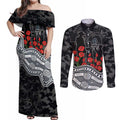 Carlton Blues ANZAC Day Couples Matching Off Shoulder Maxi Dress and Long Sleeve Button Shirt Indigenous Dot Art with Poppy Flower Tribute