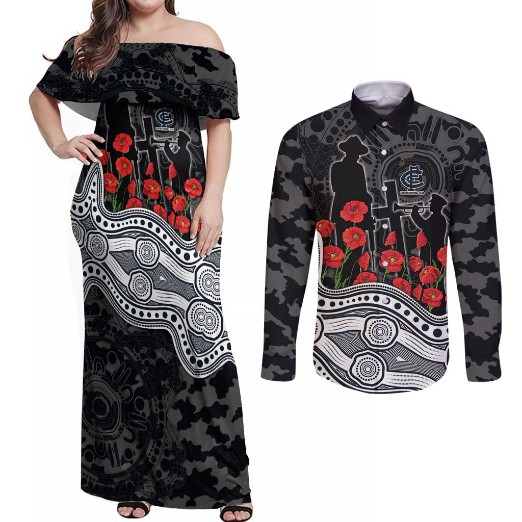 Carlton Blues ANZAC Day Couples Matching Off Shoulder Maxi Dress and Long Sleeve Button Shirt Indigenous Dot Art with Poppy Flower Tribute