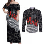 Carlton Blues ANZAC Day Couples Matching Off Shoulder Maxi Dress and Long Sleeve Button Shirt Indigenous Dot Art with Poppy Flower Tribute