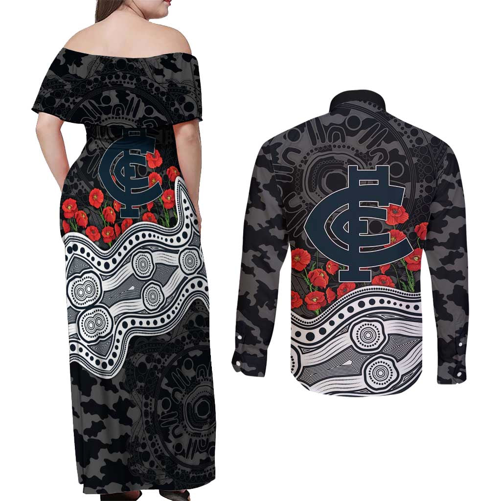 Carlton Blues ANZAC Day Couples Matching Off Shoulder Maxi Dress and Long Sleeve Button Shirt Indigenous Dot Art with Poppy Flower Tribute
