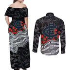 Carlton Blues ANZAC Day Couples Matching Off Shoulder Maxi Dress and Long Sleeve Button Shirt Indigenous Dot Art with Poppy Flower Tribute