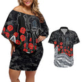 Carlton Blues ANZAC Day Couples Matching Off Shoulder Short Dress and Hawaiian Shirt Indigenous Dot Art with Poppy Flower Tribute