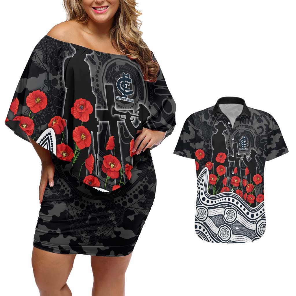 Carlton Blues ANZAC Day Couples Matching Off Shoulder Short Dress and Hawaiian Shirt Indigenous Dot Art with Poppy Flower Tribute