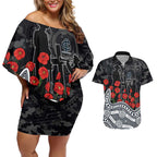 Carlton Blues ANZAC Day Couples Matching Off Shoulder Short Dress and Hawaiian Shirt Indigenous Dot Art with Poppy Flower Tribute