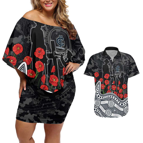 Carlton Blues ANZAC Day Couples Matching Off Shoulder Short Dress and Hawaiian Shirt Indigenous Dot Art with Poppy Flower Tribute