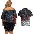 Carlton Blues ANZAC Day Couples Matching Off Shoulder Short Dress and Hawaiian Shirt Indigenous Dot Art with Poppy Flower Tribute