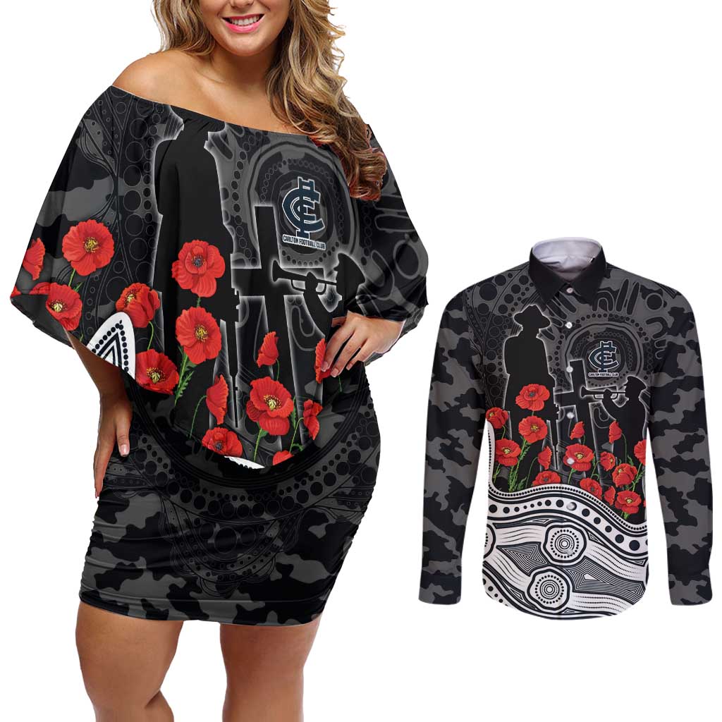 Carlton Blues ANZAC Day Couples Matching Off Shoulder Short Dress and Long Sleeve Button Shirt Indigenous Dot Art with Poppy Flower Tribute