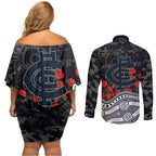 Carlton Blues ANZAC Day Couples Matching Off Shoulder Short Dress and Long Sleeve Button Shirt Indigenous Dot Art with Poppy Flower Tribute