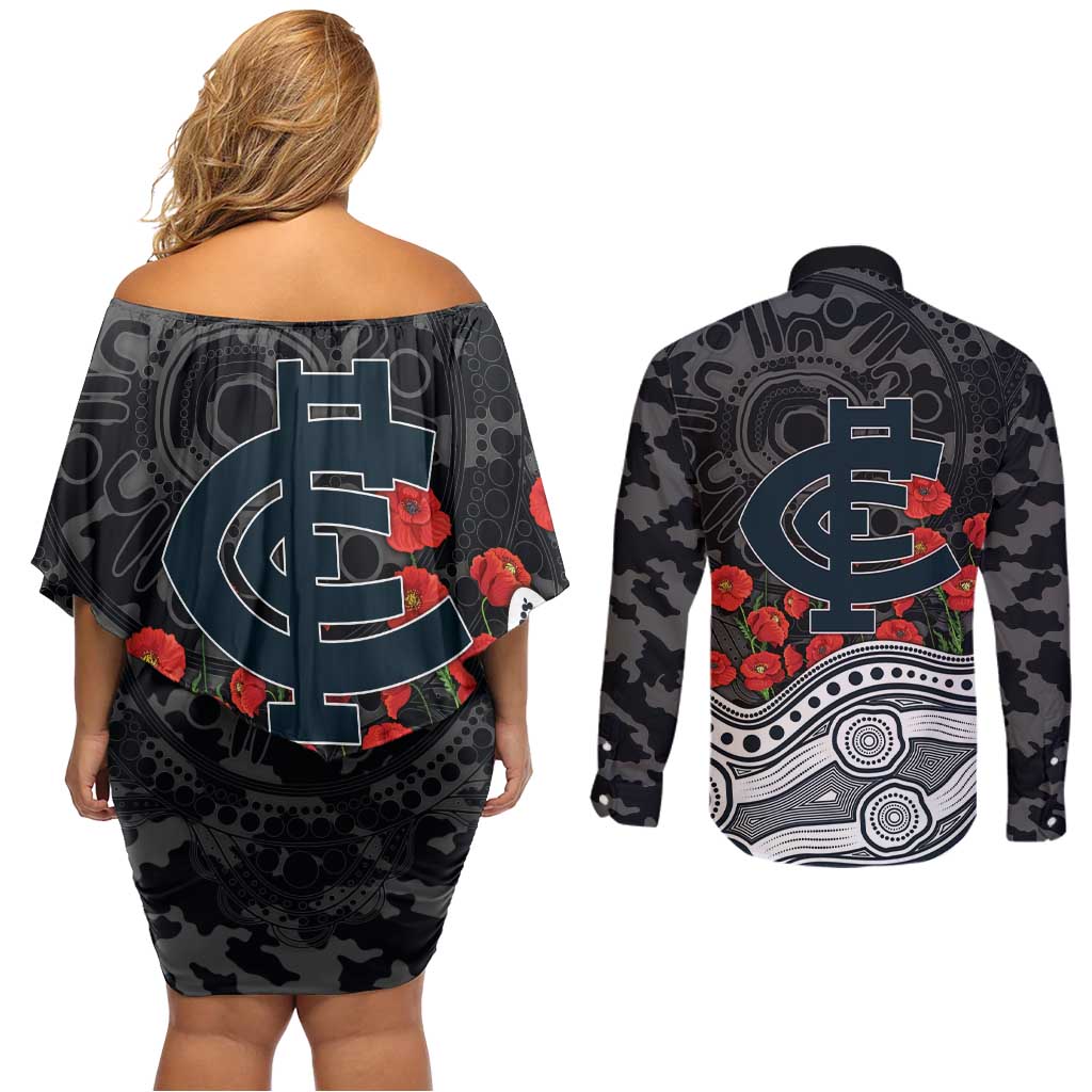 Carlton Blues ANZAC Day Couples Matching Off Shoulder Short Dress and Long Sleeve Button Shirt Indigenous Dot Art with Poppy Flower Tribute
