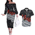 Carlton Blues ANZAC Day Couples Matching Off The Shoulder Long Sleeve Dress and Hawaiian Shirt Indigenous Dot Art with Poppy Flower Tribute