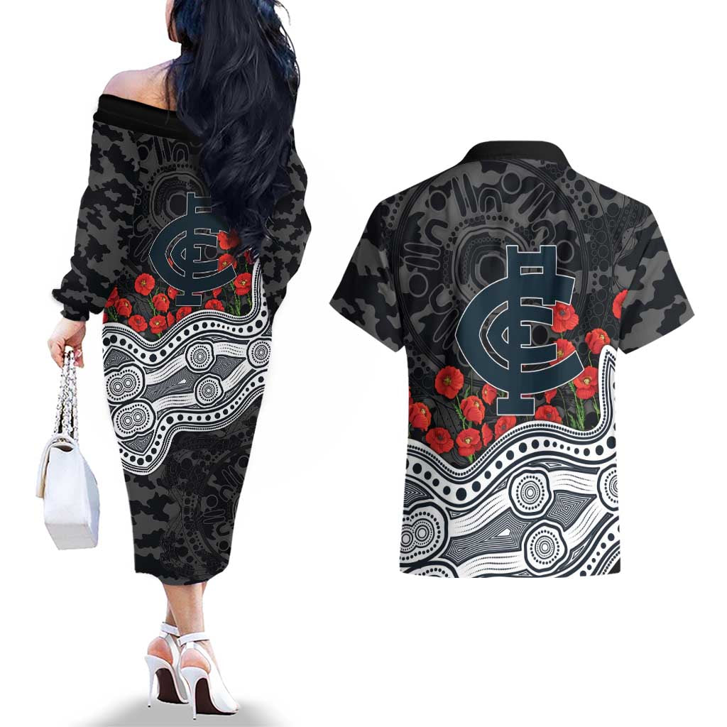Carlton Blues ANZAC Day Couples Matching Off The Shoulder Long Sleeve Dress and Hawaiian Shirt Indigenous Dot Art with Poppy Flower Tribute