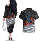 Carlton Blues ANZAC Day Couples Matching Off The Shoulder Long Sleeve Dress and Hawaiian Shirt Indigenous Dot Art with Poppy Flower Tribute