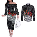 Carlton Blues ANZAC Day Couples Matching Off The Shoulder Long Sleeve Dress and Long Sleeve Button Shirt Indigenous Dot Art with Poppy Flower Tribute