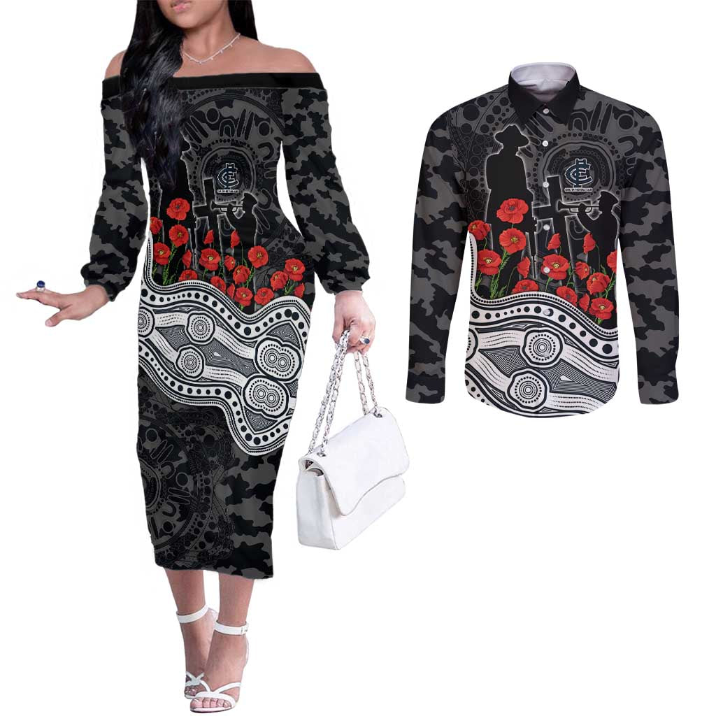 Carlton Blues ANZAC Day Couples Matching Off The Shoulder Long Sleeve Dress and Long Sleeve Button Shirt Indigenous Dot Art with Poppy Flower Tribute