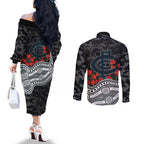 Carlton Blues ANZAC Day Couples Matching Off The Shoulder Long Sleeve Dress and Long Sleeve Button Shirt Indigenous Dot Art with Poppy Flower Tribute
