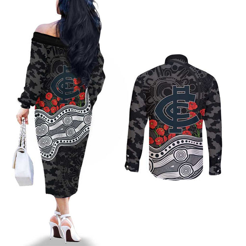 Carlton Blues ANZAC Day Couples Matching Off The Shoulder Long Sleeve Dress and Long Sleeve Button Shirt Indigenous Dot Art with Poppy Flower Tribute
