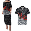 Carlton Blues ANZAC Day Couples Matching Puletasi and Hawaiian Shirt Indigenous Dot Art with Poppy Flower Tribute