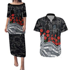 Carlton Blues ANZAC Day Couples Matching Puletasi and Hawaiian Shirt Indigenous Dot Art with Poppy Flower Tribute