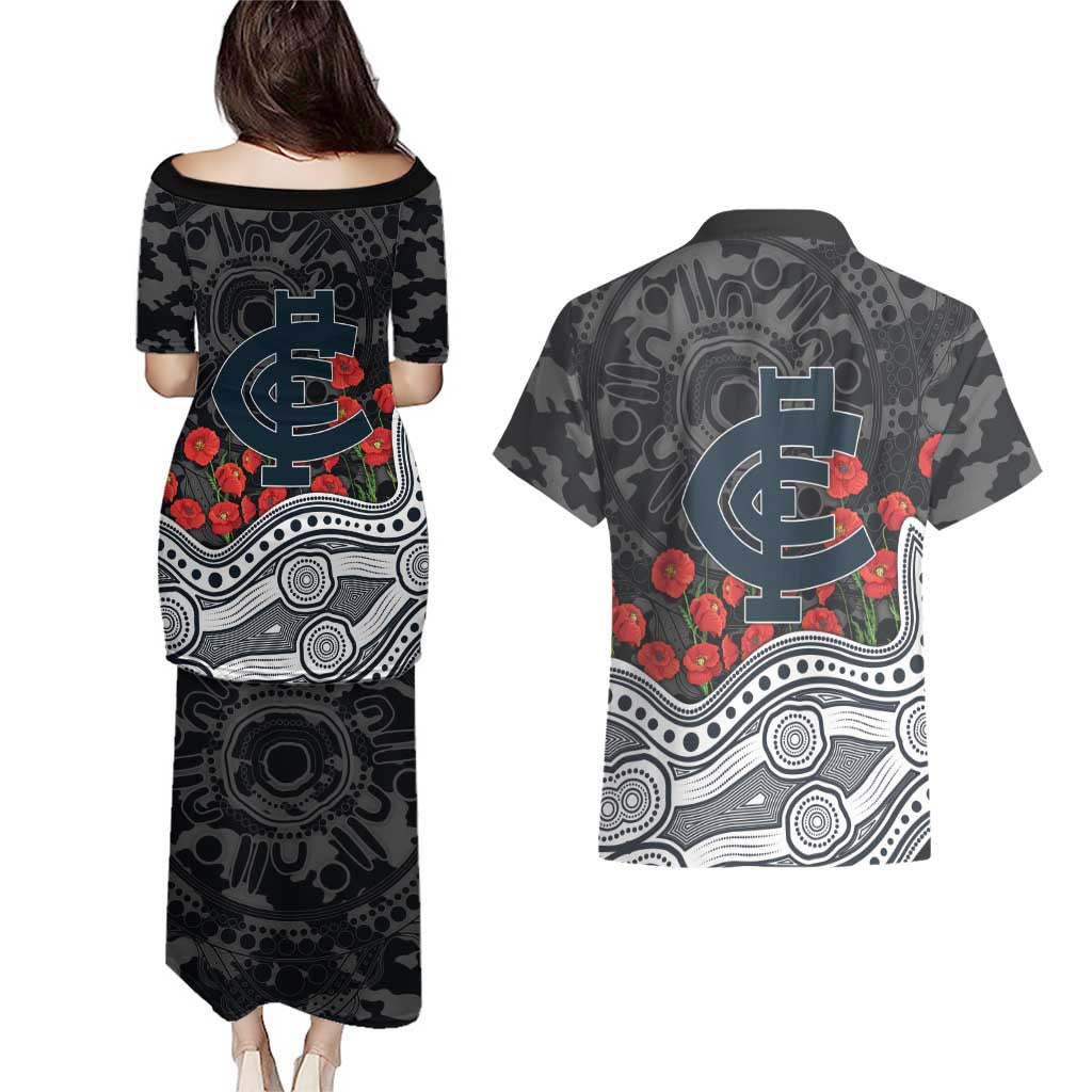 Carlton Blues ANZAC Day Couples Matching Puletasi and Hawaiian Shirt Indigenous Dot Art with Poppy Flower Tribute