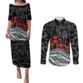 Carlton Blues ANZAC Day Couples Matching Puletasi and Long Sleeve Button Shirt Indigenous Dot Art with Poppy Flower Tribute