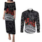 Carlton Blues ANZAC Day Couples Matching Puletasi and Long Sleeve Button Shirt Indigenous Dot Art with Poppy Flower Tribute