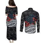 Carlton Blues ANZAC Day Couples Matching Puletasi and Long Sleeve Button Shirt Indigenous Dot Art with Poppy Flower Tribute