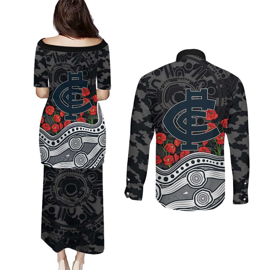 Carlton Blues ANZAC Day Couples Matching Puletasi and Long Sleeve Button Shirt Indigenous Dot Art with Poppy Flower Tribute