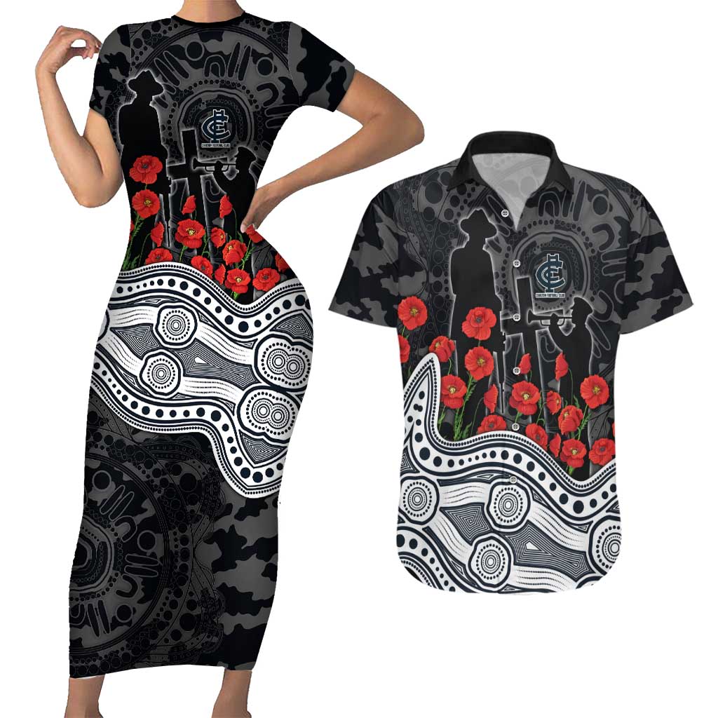 Carlton Blues ANZAC Day Couples Matching Short Sleeve Bodycon Dress and Hawaiian Shirt Indigenous Dot Art with Poppy Flower Tribute