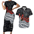 Carlton Blues ANZAC Day Couples Matching Short Sleeve Bodycon Dress and Hawaiian Shirt Indigenous Dot Art with Poppy Flower Tribute