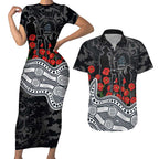 Carlton Blues ANZAC Day Couples Matching Short Sleeve Bodycon Dress and Hawaiian Shirt Indigenous Dot Art with Poppy Flower Tribute