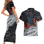 Carlton Blues ANZAC Day Couples Matching Short Sleeve Bodycon Dress and Hawaiian Shirt Indigenous Dot Art with Poppy Flower Tribute