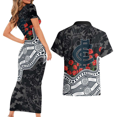 Carlton Blues ANZAC Day Couples Matching Short Sleeve Bodycon Dress and Hawaiian Shirt Indigenous Dot Art with Poppy Flower Tribute