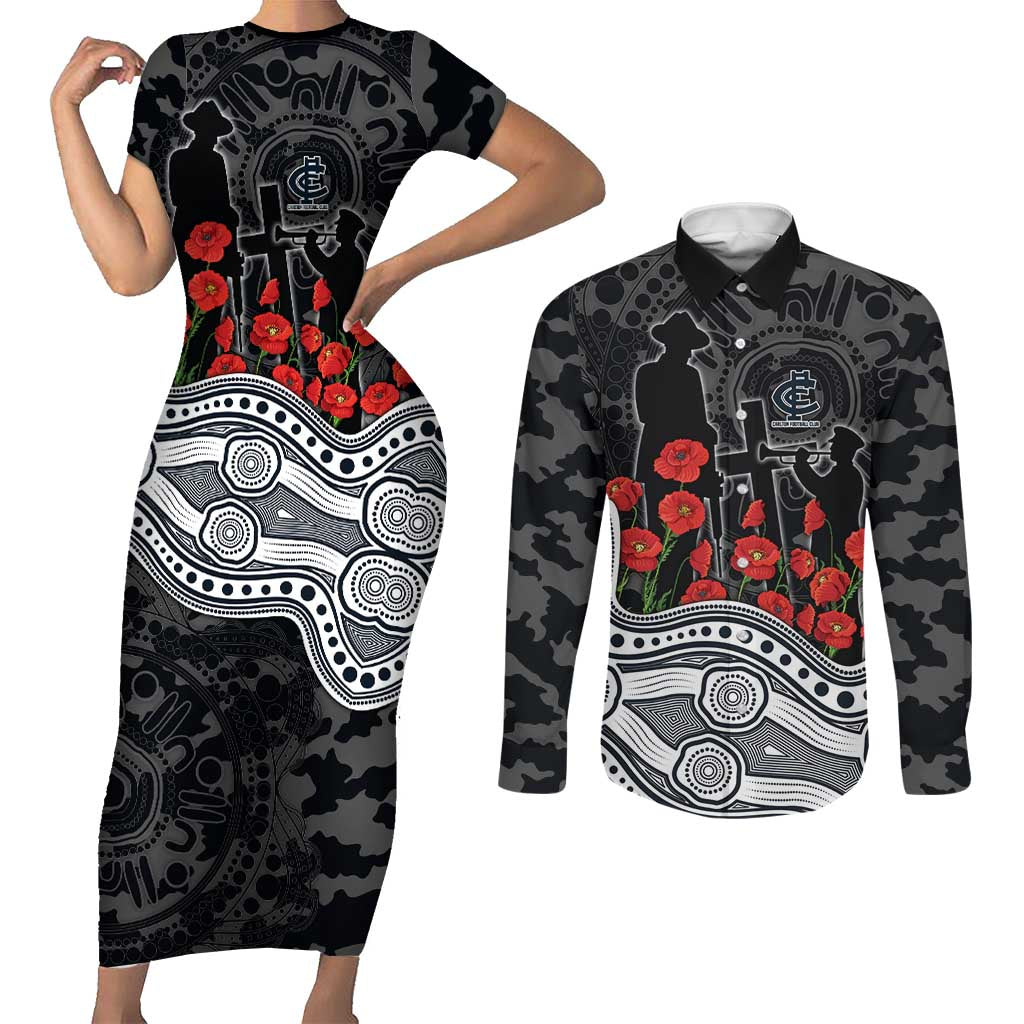 Carlton Blues ANZAC Day Couples Matching Short Sleeve Bodycon Dress and Long Sleeve Button Shirt Indigenous Dot Art with Poppy Flower Tribute