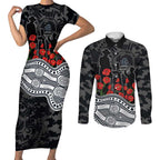 Carlton Blues ANZAC Day Couples Matching Short Sleeve Bodycon Dress and Long Sleeve Button Shirt Indigenous Dot Art with Poppy Flower Tribute