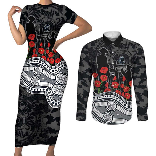 Carlton Blues ANZAC Day Couples Matching Short Sleeve Bodycon Dress and Long Sleeve Button Shirt Indigenous Dot Art with Poppy Flower Tribute