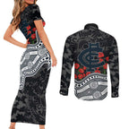 Carlton Blues ANZAC Day Couples Matching Short Sleeve Bodycon Dress and Long Sleeve Button Shirt Indigenous Dot Art with Poppy Flower Tribute
