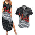 Carlton Blues ANZAC Day Couples Matching Summer Maxi Dress and Hawaiian Shirt Indigenous Dot Art with Poppy Flower Tribute