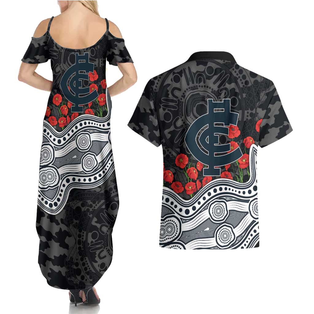 Carlton Blues ANZAC Day Couples Matching Summer Maxi Dress and Hawaiian Shirt Indigenous Dot Art with Poppy Flower Tribute
