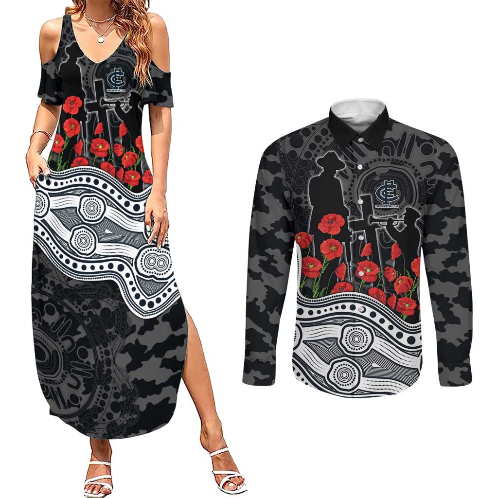 Carlton Blues ANZAC Day Couples Matching Summer Maxi Dress and Long Sleeve Button Shirt Indigenous Dot Art with Poppy Flower Tribute