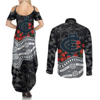 Carlton Blues ANZAC Day Couples Matching Summer Maxi Dress and Long Sleeve Button Shirt Indigenous Dot Art with Poppy Flower Tribute