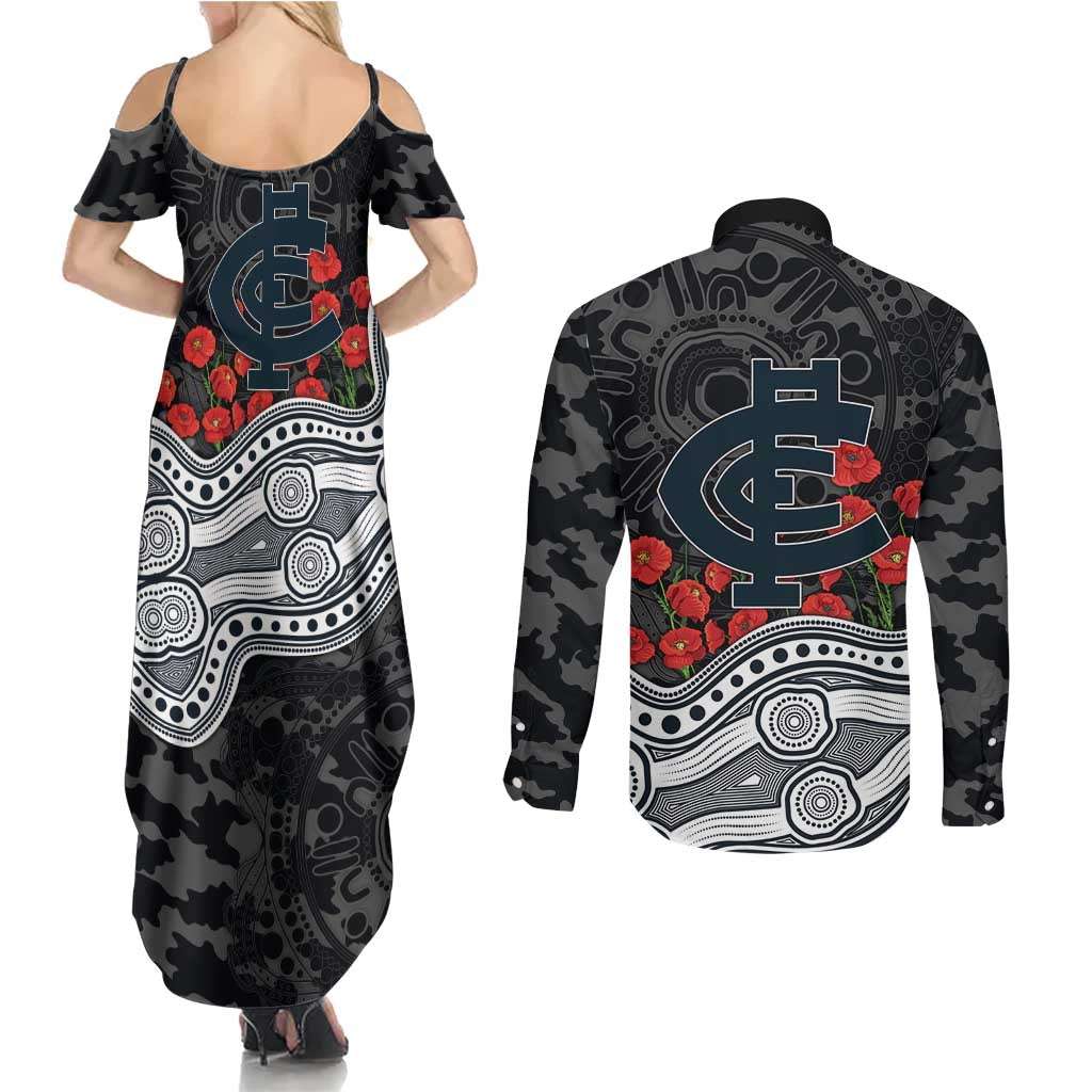 Carlton Blues ANZAC Day Couples Matching Summer Maxi Dress and Long Sleeve Button Shirt Indigenous Dot Art with Poppy Flower Tribute